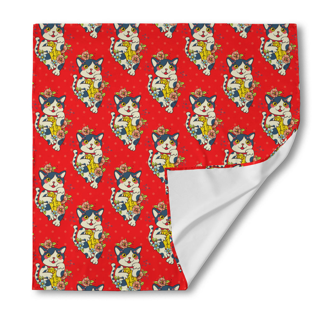 Japanese Cat Maneki Neko Pattern Print Silk Bandana