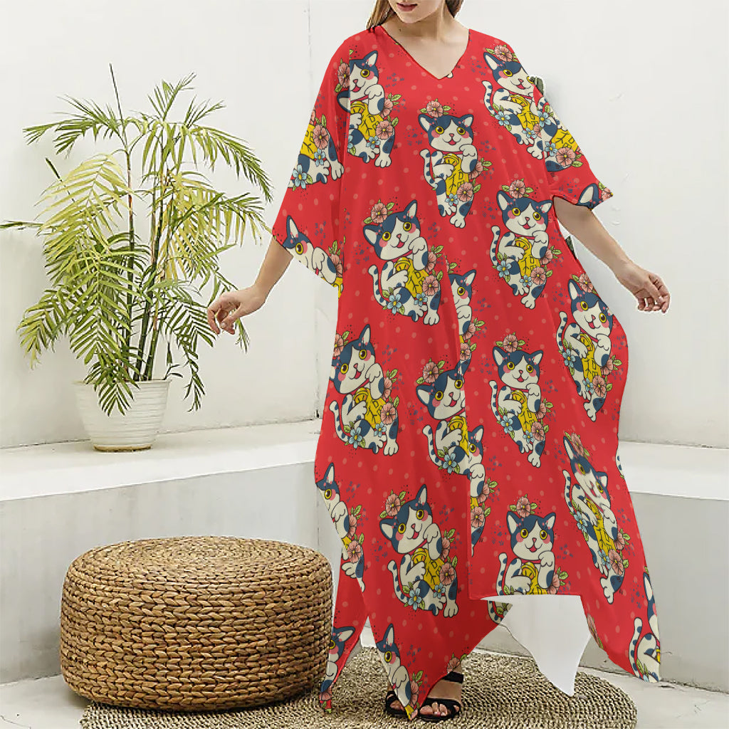 Japanese Cat Maneki Neko Pattern Print Silk V-Neck Kaftan Dress