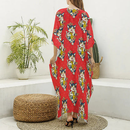 Japanese Cat Maneki Neko Pattern Print Silk V-Neck Kaftan Dress