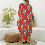 Japanese Cat Maneki Neko Pattern Print Silk V-Neck Kaftan Dress