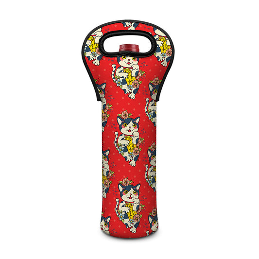 Japanese Cat Maneki Neko Pattern Print Single Neoprene Wine Tote