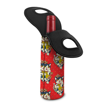 Japanese Cat Maneki Neko Pattern Print Single Neoprene Wine Tote