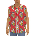 Japanese Cat Maneki Neko Pattern Print Sleeveless Baseball Jersey