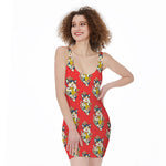 Japanese Cat Maneki Neko Pattern Print Sleeveless Bodycon Dress