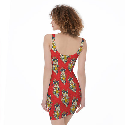 Japanese Cat Maneki Neko Pattern Print Sleeveless Bodycon Dress