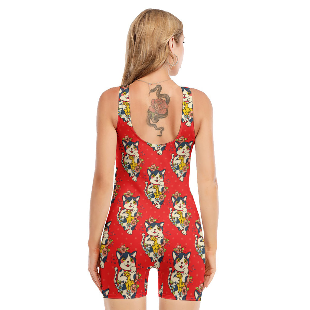 Japanese Cat Maneki Neko Pattern Print Sleeveless One Piece Swimsuit