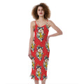 Japanese Cat Maneki Neko Pattern Print Slim Fit Midi Cami Dress