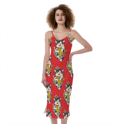 Japanese Cat Maneki Neko Pattern Print Slim Fit Midi Cami Dress
