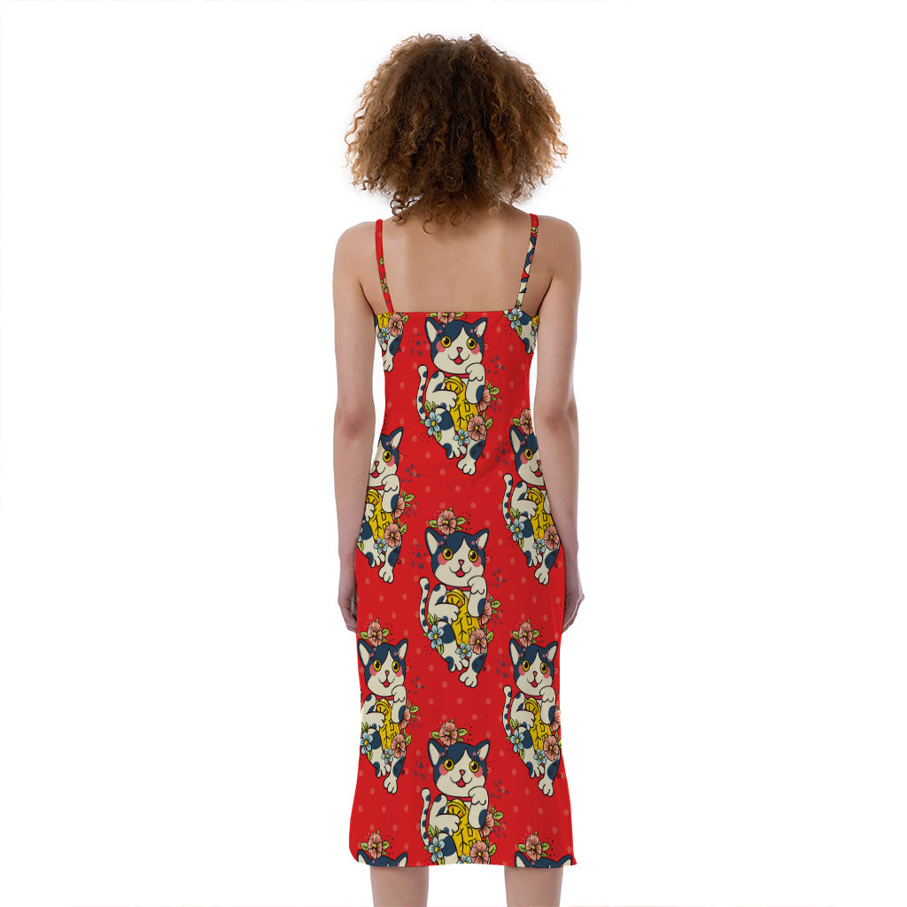 Japanese Cat Maneki Neko Pattern Print Slim Fit Midi Cami Dress