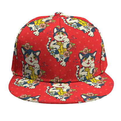 Japanese Cat Maneki Neko Pattern Print Snapback Cap