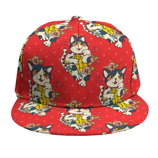 Japanese Cat Maneki Neko Pattern Print Snapback Cap