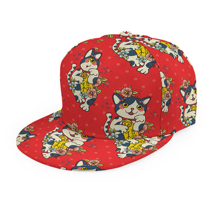 Japanese Cat Maneki Neko Pattern Print Snapback Cap