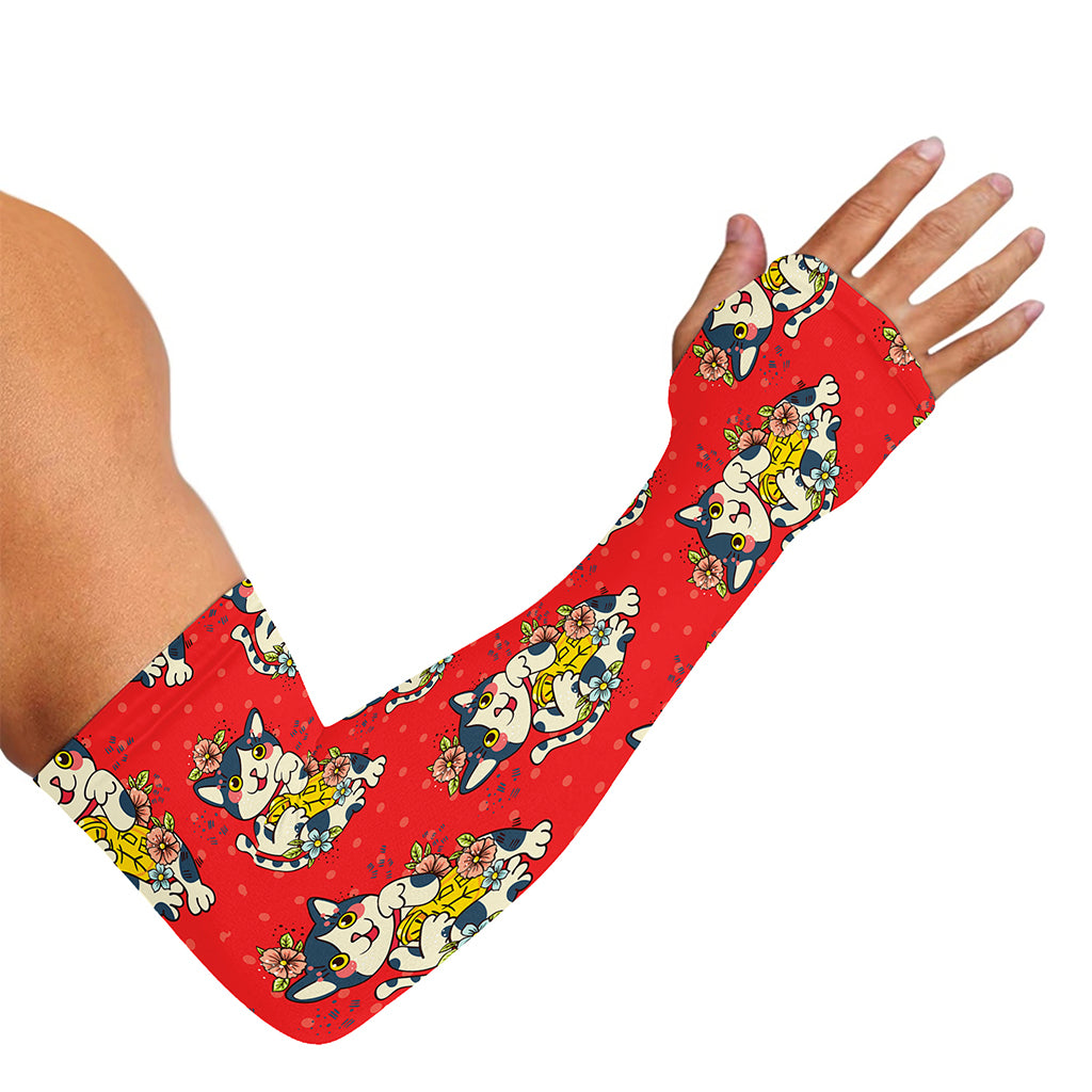 Japanese Cat Maneki Neko Pattern Print Sun Protection Arm Sleeves