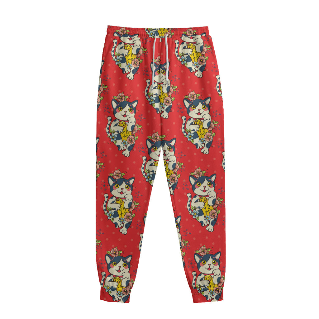 Japanese Cat Maneki Neko Pattern Print Sweatpants