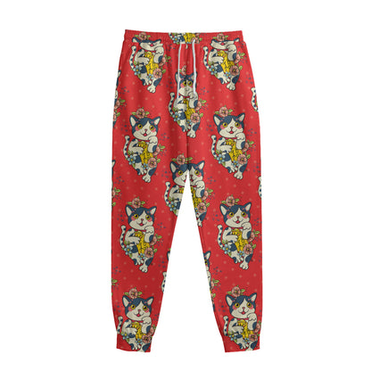 Japanese Cat Maneki Neko Pattern Print Sweatpants