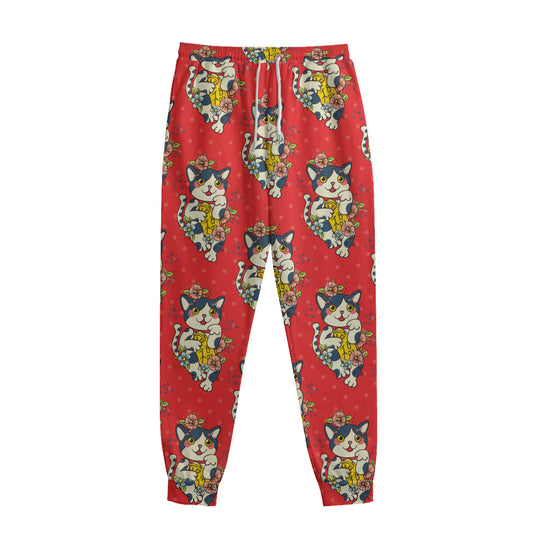 Japanese Cat Maneki Neko Pattern Print Sweatpants