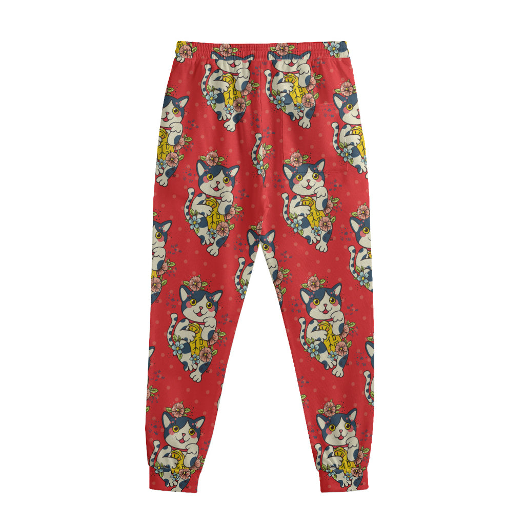 Japanese Cat Maneki Neko Pattern Print Sweatpants