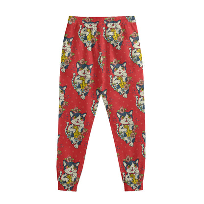 Japanese Cat Maneki Neko Pattern Print Sweatpants