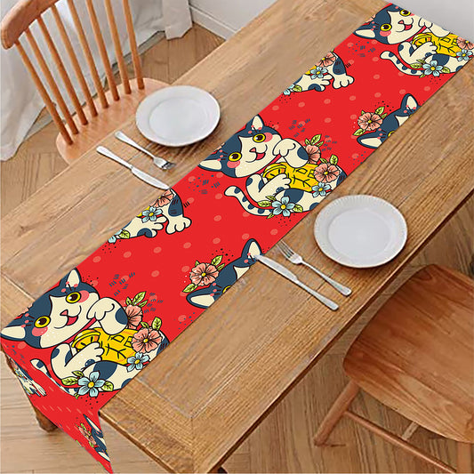Japanese Cat Maneki Neko Pattern Print Table Runner