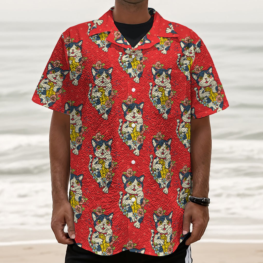 Japanese Cat Maneki Neko Pattern Print Textured Short Sleeve Shirt
