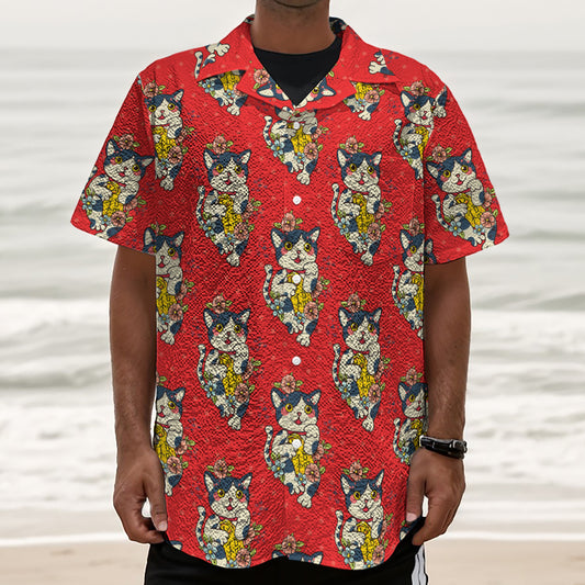 Japanese Cat Maneki Neko Pattern Print Textured Short Sleeve Shirt