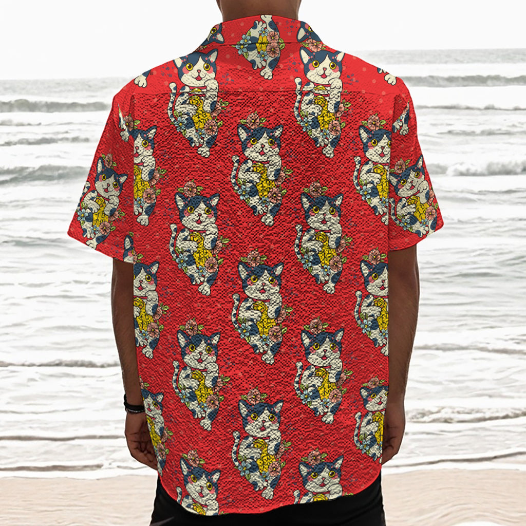 Japanese Cat Maneki Neko Pattern Print Textured Short Sleeve Shirt