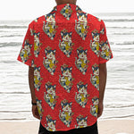 Japanese Cat Maneki Neko Pattern Print Textured Short Sleeve Shirt