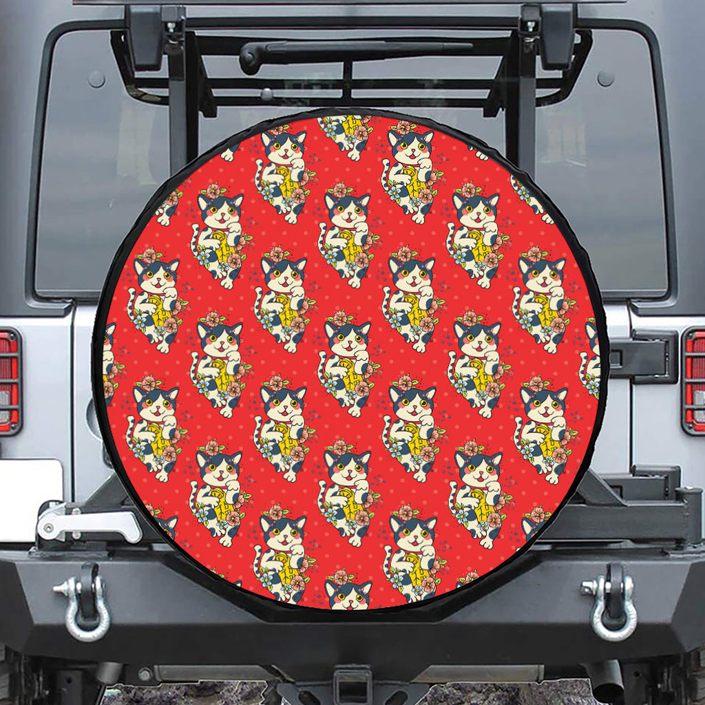 Japanese Cat Maneki Neko Pattern Print Tire Cover