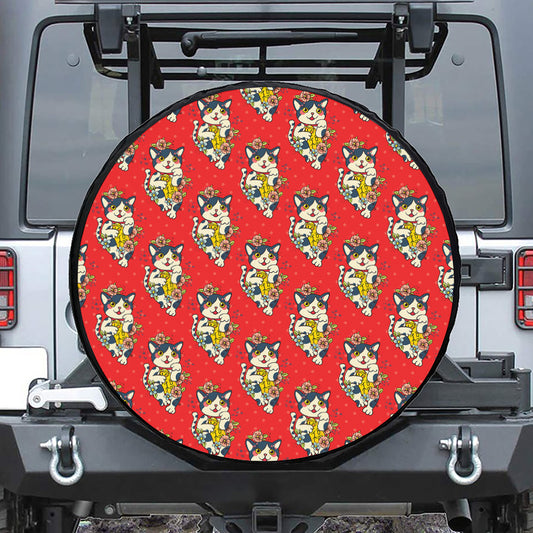 Japanese Cat Maneki Neko Pattern Print Tire Cover