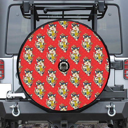 Japanese Cat Maneki Neko Pattern Print Tire Cover With Camera Hole