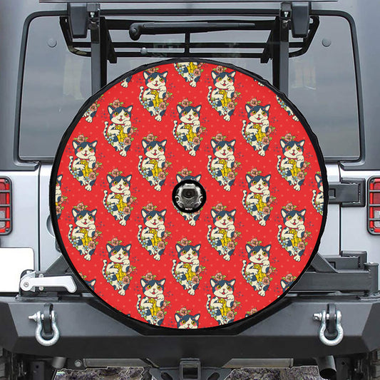 Japanese Cat Maneki Neko Pattern Print Tire Cover With Camera Hole