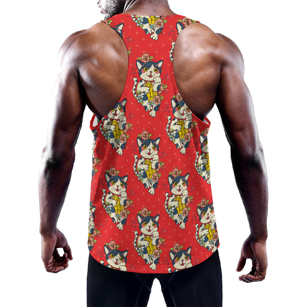 Japanese Cat Maneki Neko Pattern Print Training Tank Top