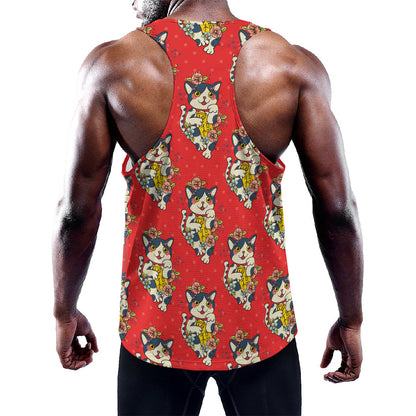Japanese Cat Maneki Neko Pattern Print Training Tank Top