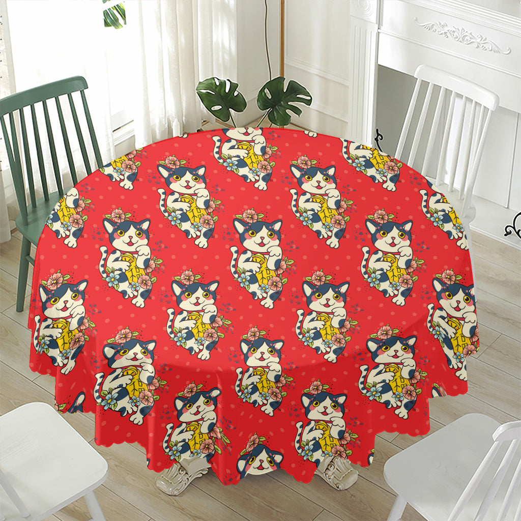 Japanese Cat Maneki Neko Pattern Print Waterproof Round Tablecloth