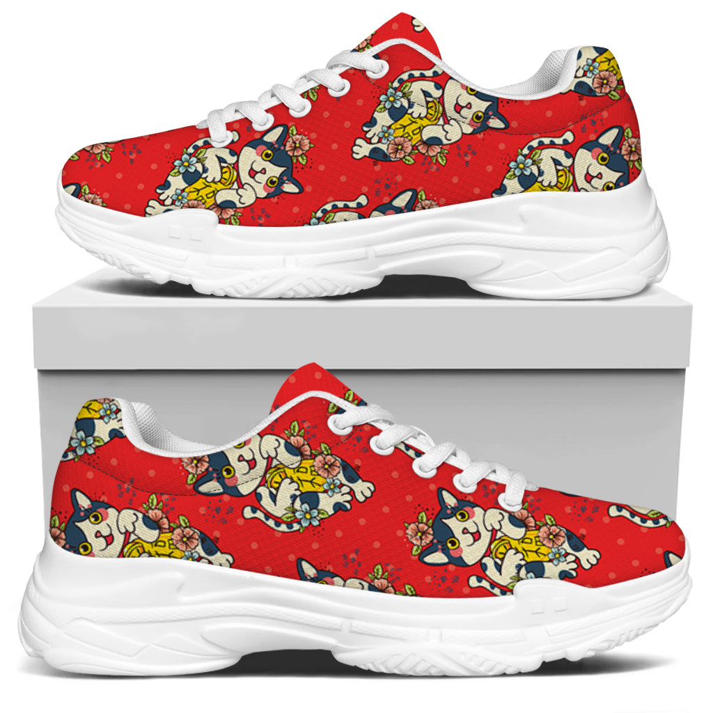 Japanese Cat Maneki Neko Pattern Print White Chunky Shoes
