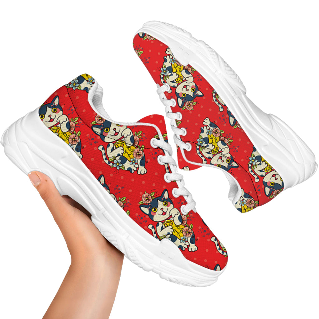 Japanese Cat Maneki Neko Pattern Print White Chunky Shoes