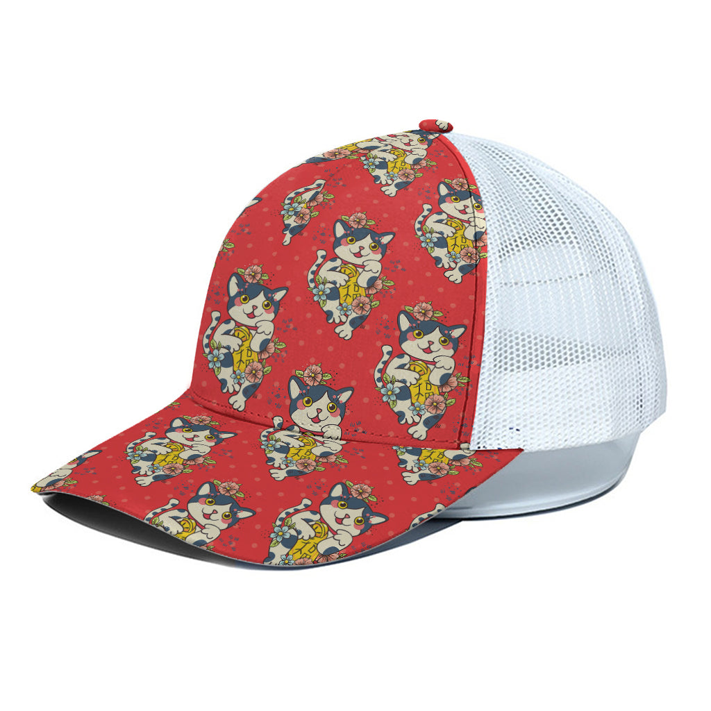 Japanese Cat Maneki Neko Pattern Print White Mesh Trucker Cap