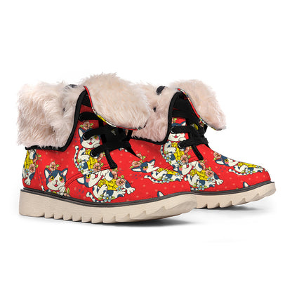 Japanese Cat Maneki Neko Pattern Print Winter Boots
