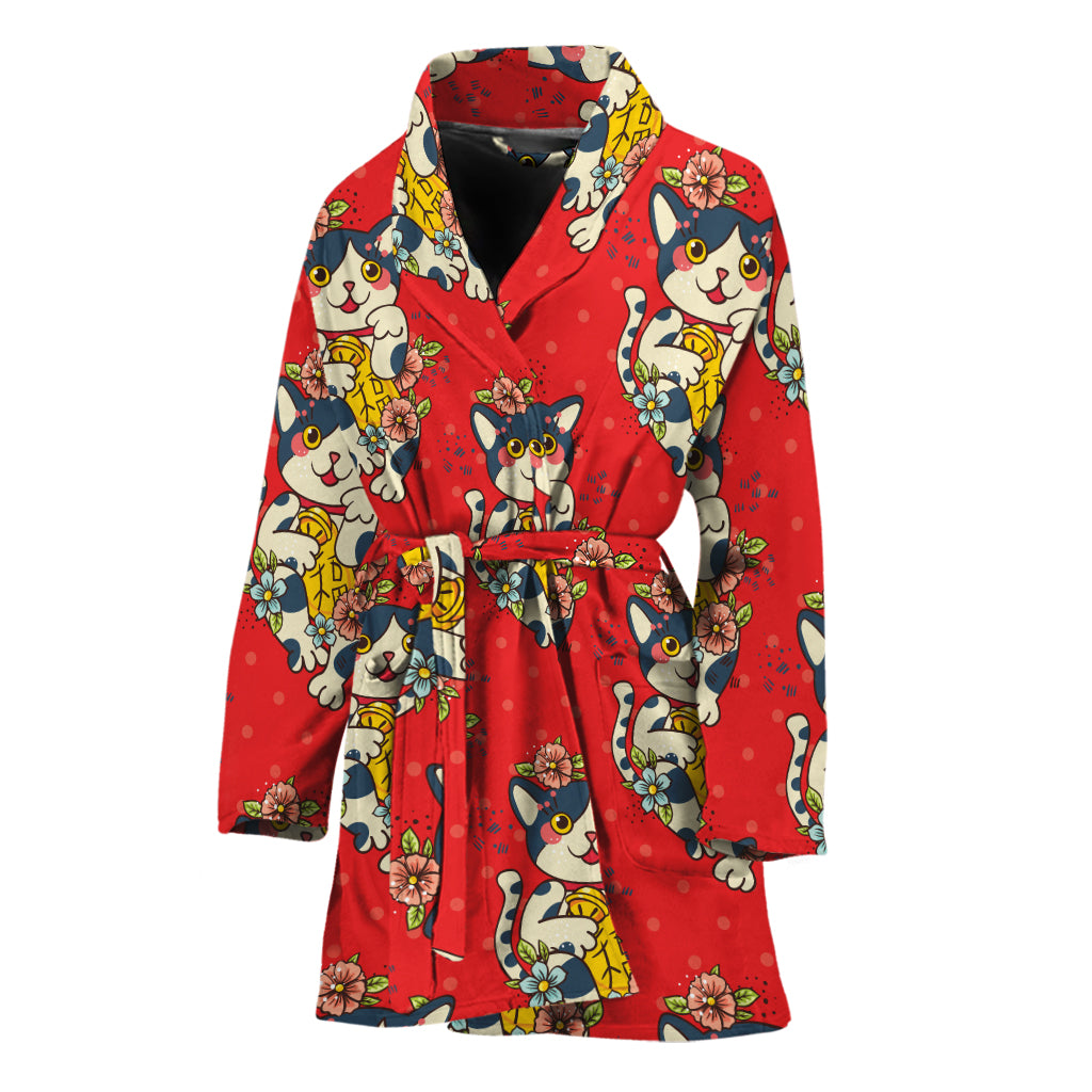 Japanese Cat Maneki Neko Pattern Print Women's Bathrobe