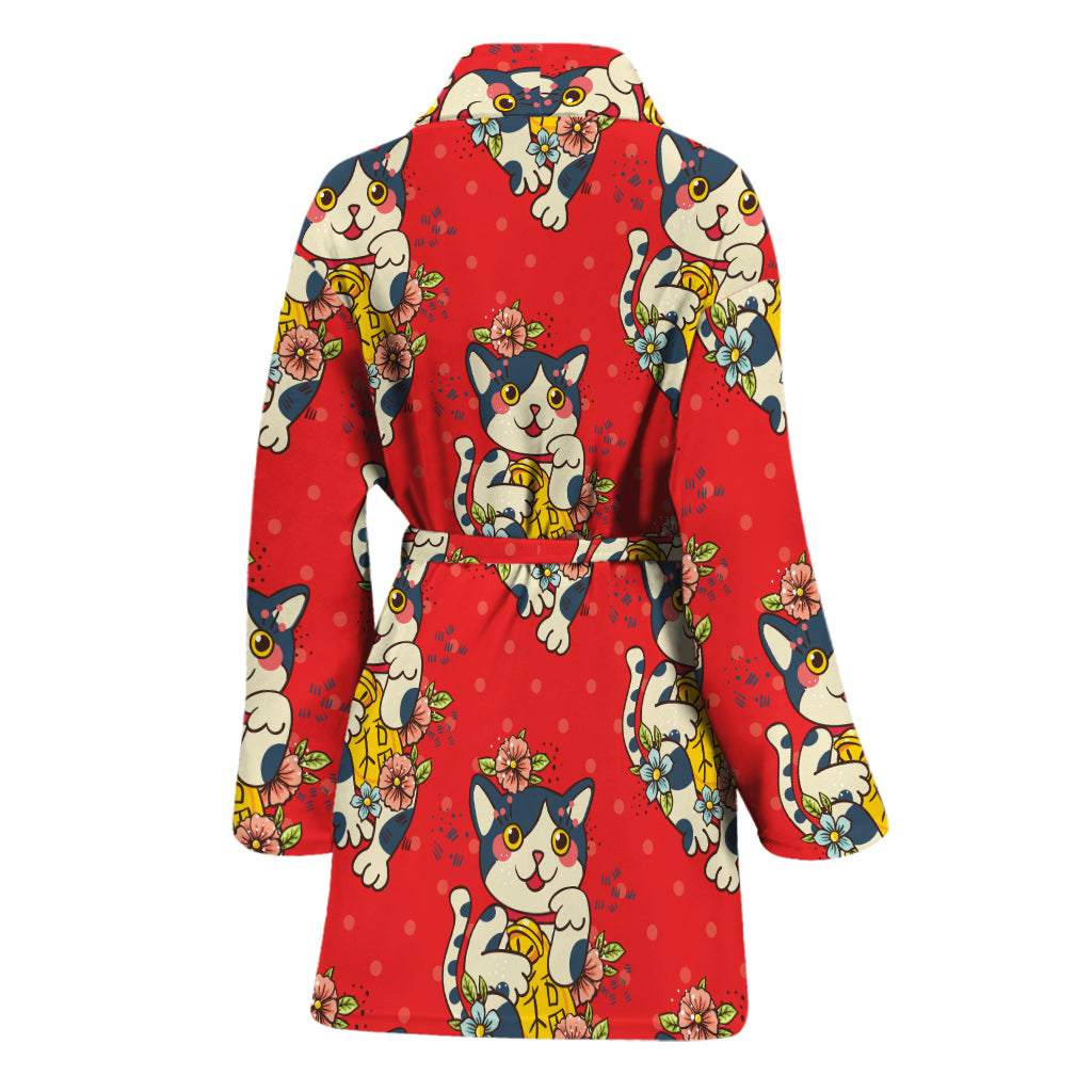 Japanese Cat Maneki Neko Pattern Print Women's Bathrobe