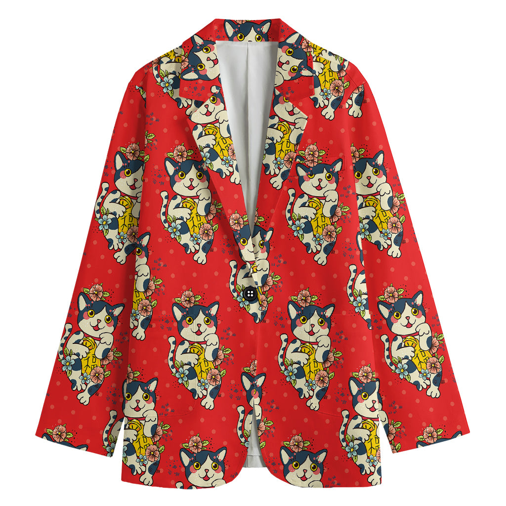 Japanese Cat Maneki Neko Pattern Print Women's Blazer