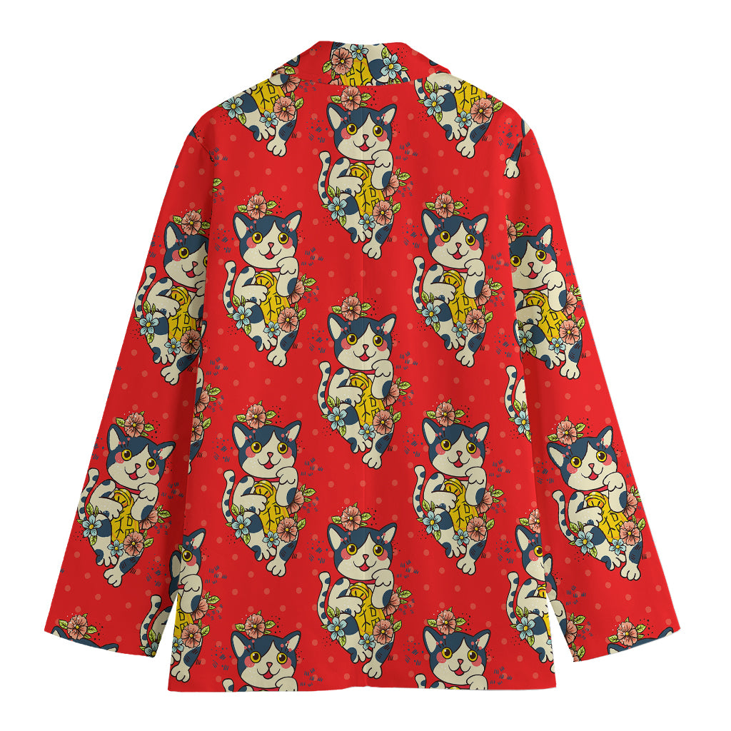 Japanese Cat Maneki Neko Pattern Print Women's Blazer