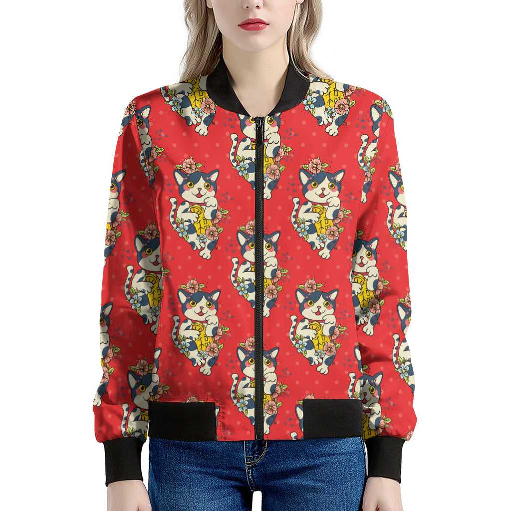 Japanese Cat Maneki Neko Pattern Print Women's Bomber Jacket