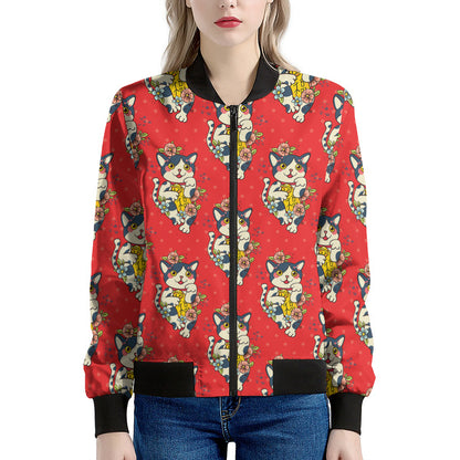 Japanese Cat Maneki Neko Pattern Print Women's Bomber Jacket