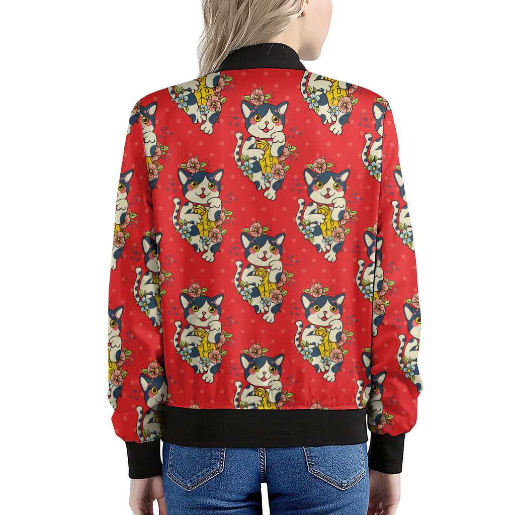 Japanese Cat Maneki Neko Pattern Print Women's Bomber Jacket