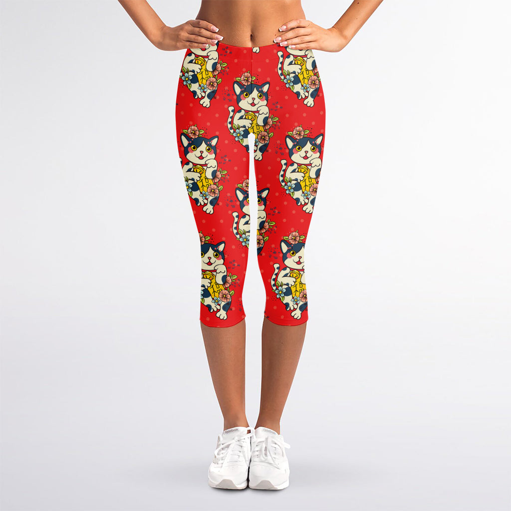 Japanese Cat Maneki Neko Pattern Print Women's Capri Leggings
