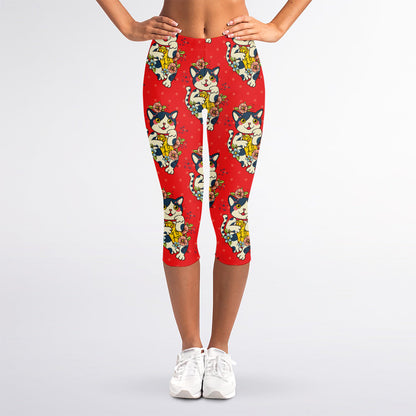 Japanese Cat Maneki Neko Pattern Print Women's Capri Leggings