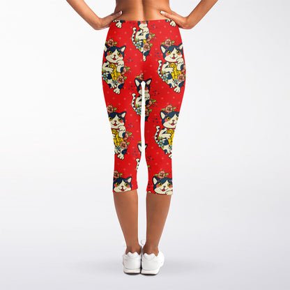 Japanese Cat Maneki Neko Pattern Print Women's Capri Leggings