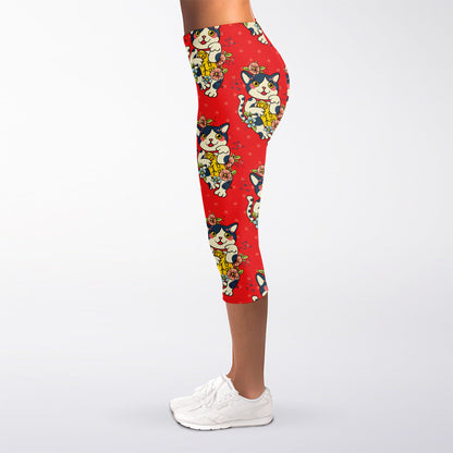 Japanese Cat Maneki Neko Pattern Print Women's Capri Leggings