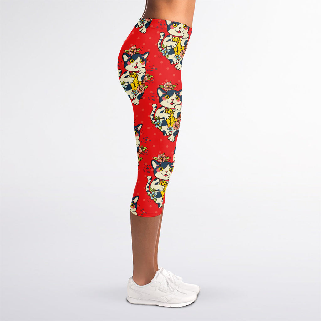 Japanese Cat Maneki Neko Pattern Print Women's Capri Leggings